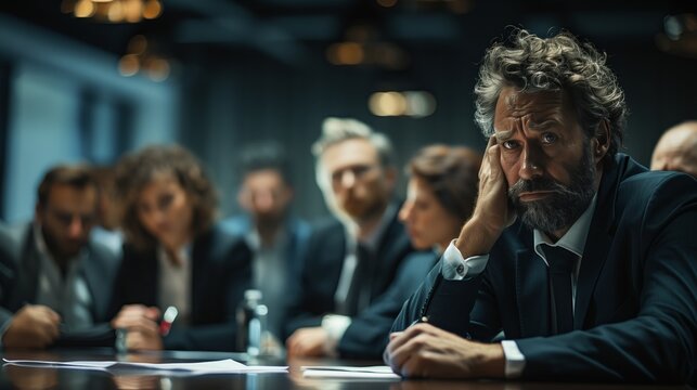In a crowded conference room, a man looks glumly at the camera