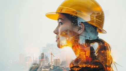 Double exposure of engineer woman wearing yellow helmet and construction site, side view portrait on white background with double exposure effect