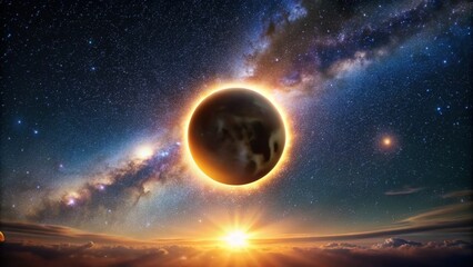Obraz premium Solar eclipse with starry night sky in the backdrop, cosmic energy, lunar, light, solar event, moonlight, sun, celestial event, darkness descending, eclipse path, natural phenomenon