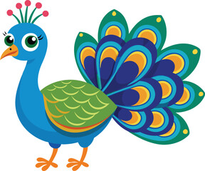 Cute Beautiful Cartoon Peacock Vector Illustration Art