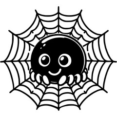 Cute spider sits in the web and smiles in monochrome. Simple minimalistic vector in black ink drawing on transparent background