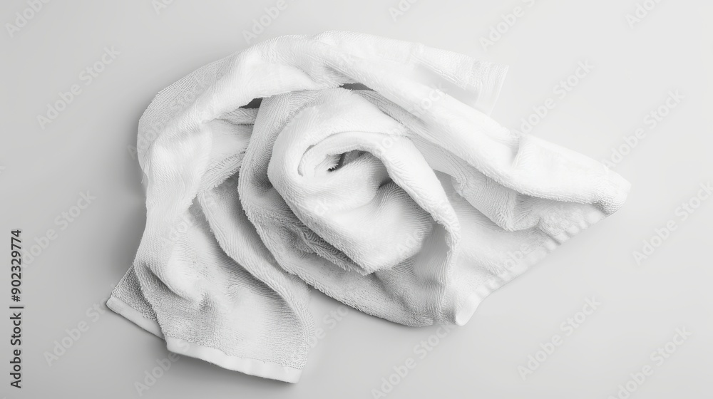 Wall mural A soft, pristine white towel neatly folded on a clean white background, showcasing its plush texture and simplicity.