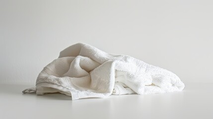 A soft, pristine white towel neatly folded on a clean white background, showcasing its plush texture and simplicity.