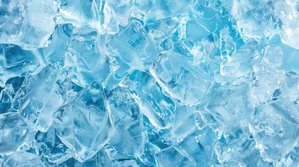 Close-up of clear, melting ice cubes with water droplets on light blue background. Concepts of freshness, chill, and hydration.