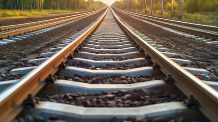 Fototapeta premium endless journey railroad tracks leading towards golden sunset with blurred forest background.