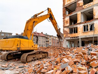 Obraz premium demolition excavator crushing brick wall of abandoned building in urban city during daytime.