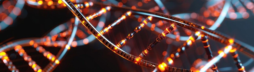abstract 3d illustration of dna double helix with glowing orange and blue highlights - medical, scientific, and technological concept