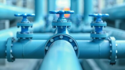 industrial blue piping system with three control valves in a row - water or gas supply network