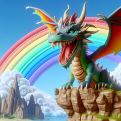 dragon and rainbow in the sky. 3d illustration. high quality