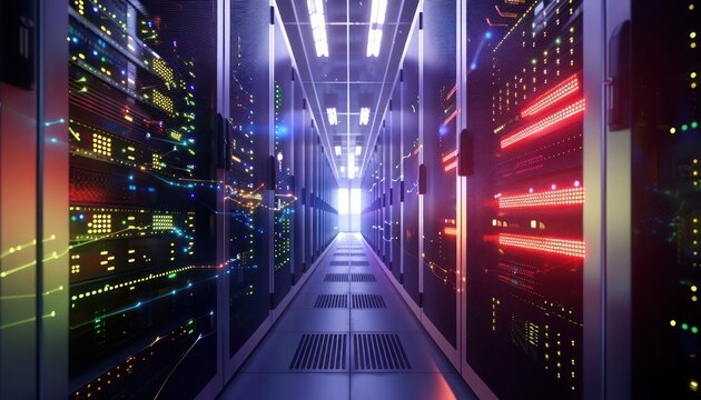High-definition view of a data center corridor, featuring advanced servers and dynamic visualizations of internet connectivity and data flow projections.