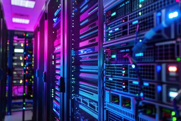 High-definition view of a server room featuring organized server racks and advanced telecommunication devices.