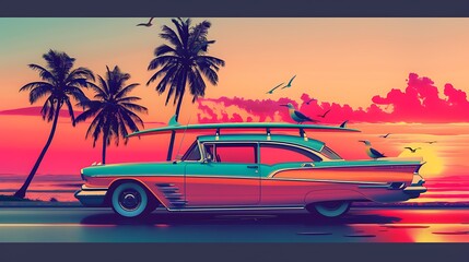 Vintage car driving on a beach road at sunset, with palm trees and seagulls in the background.