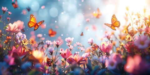 Butterflies gracefully flying over a meadow filled with colorful wildflowers under warm sunlight