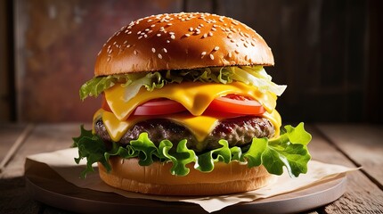 cheeseburger front shot with cheese tomato green vegetable ai gen