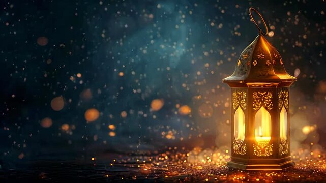 Arabic lantern of ramadan celebration background, islamic golden lantern on dark background, Eid Mubarak, Eid al Adha, glowing light