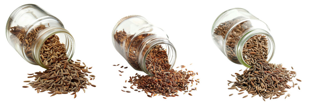 Set of A glass jar tipped over with cumin seeds spilling out isolated on transparent background   (3)