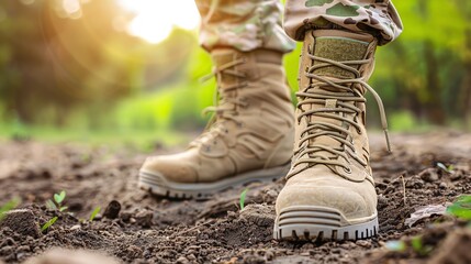 Close-up of military boots standing on dirt ground, showcasing resilience in nature, perfect for military or adventure themes.