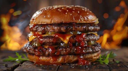 A delicious-looking burger with three juicy beef patties, melted cheese, and pickles.