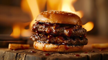 A delicious double cheeseburger with a sesame seed bun, melted cheese, and a side of fries.