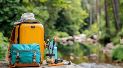 Colorful backpack and essentials by a serene stream, perfect for outdoor adventures and summer getaways in nature.