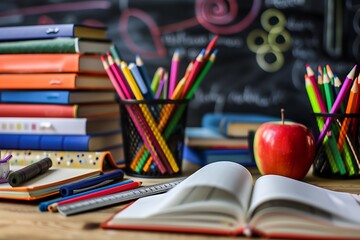 School supplies and apple on table. Back to school concept.