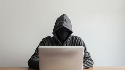 A faceless person in a black hoodie and a black mask is sitting at a wooden table and using a laptop. The person is surrounded by a white background.