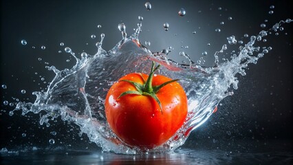 Tomato with water splash exploding from high angle, organic, ingredient, juicy, droplets, water splash, high angle, burst, food, vibrant, freshness, isolated, impact, close-up, healthy
