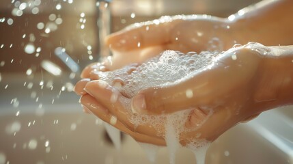 Fototapeta premium Woman washing hands with soap and water. Close-up of hands being cleaned. Hygiene concept.