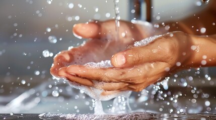 Fototapeta premium Woman washing her hands with soap and water.
