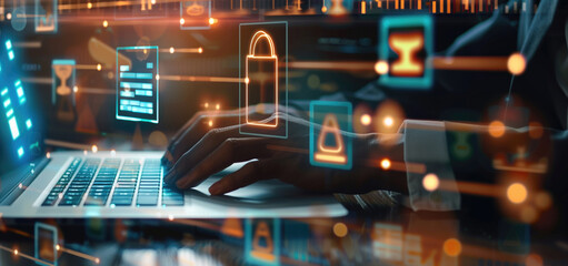 Person typing on laptop with holographic cybersecurity symbols in the background. Represents online security, digital privacy, and technology interactions.