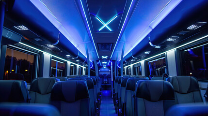 Fototapeta premium inside chairs layout model bus with blue lamp in the night