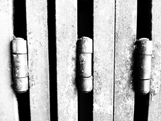 Black and white photo of door hinges
