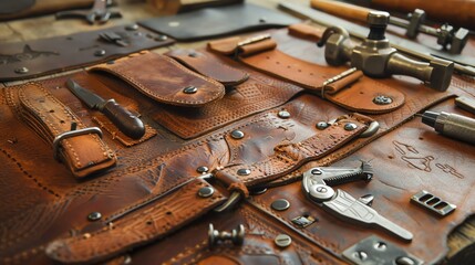 Rustic brown leather goods and tools on a wooden table.