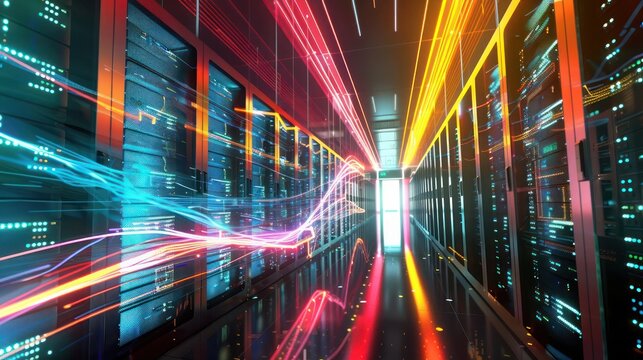 High-resolution image of a data center corridor, highlighting server racks and supercomputers with dynamic internet connection visualizations.