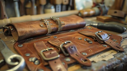 Rustic brown leather tool belt and suspenders with metal buckles displayed on a wooden table in a workshop.