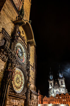 Prague Town Hall Clock, Apostle Clock or Old Town Astronomical Clock, Czech Prazsky orloj or Staromestsky orloj, illuminated at night at the Old Town Hall in winter, Prague, Czech Republic