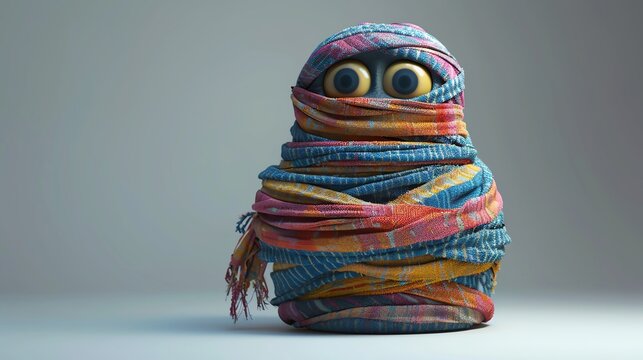 A 3D cartoon mummy wrapped in colorful bandages, Halloween,
