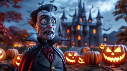 A 3D cartoon vampire with a spooky castle in the background, Halloween,