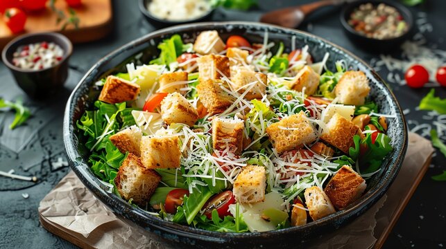 Fresh and delicious salad with lettuce, tomatoes, croutons, cheese and dressing in a black bowl on a dark background.