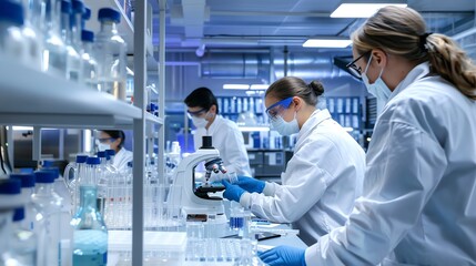 Team of scientists in protective workwear conducting experiments in a modern laboratory. They are using a microscope, test tubes, and other equipment.