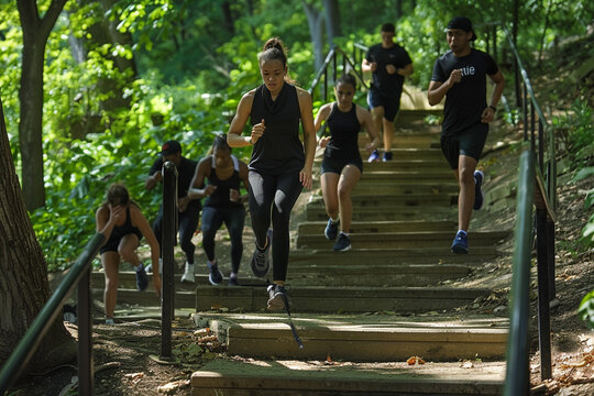 A boot camp workout with participants using park amenities like stairs and benches for intense exercises