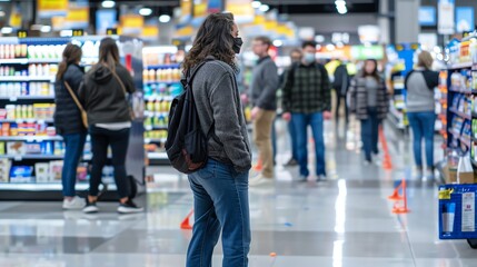 A woman wearing a mask and a backpack is standing in a grocery store. She is looking at the shelves, trying to decide what to buy.