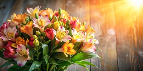 Obraz premium Radiant Alstroemeria bouquet illuminated by soft sunlight from a high angle, spring, sunlight, radiant, decoration, petals, beautiful, romantic, Alstroemeria,flowers, macro, bouquet