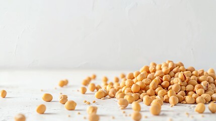 **Image description:**  A pile of yellow peas on a white table. The peas are in focus and the background is blurred.