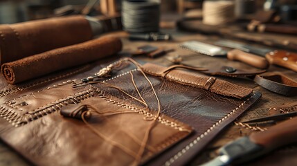 Rustic leather crafting scene with a variety of leather pieces, tools and materials.