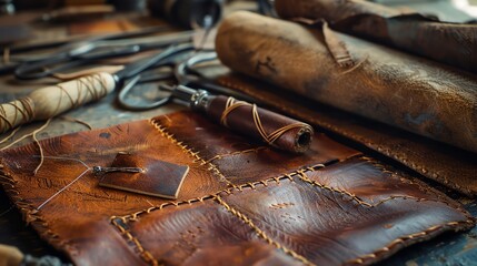 Rustic leatherworking tools and materials on a wooden table. The image is dark and moody, with the light focused on the tools and materials.