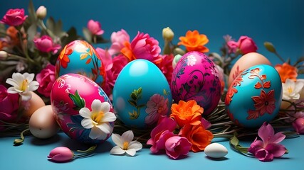 Fototapeta premium vibrant Easter eggs adorned with flowers and intelligent AI