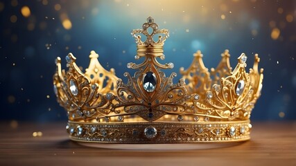 A pristine and crystal-clear background with a beautiful and majestic golden crown hanging in midair exudes majesty and supremacy.Artificial Intelligence