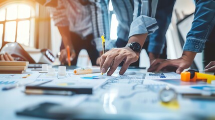 A group of architects are working on a project together. They are looking at blueprints and discussing the plans.