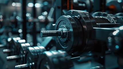 Fototapeta premium A close-up of a dumbbell resting on a rack in a gym. The dumbbell is made of metal and has a black rubber grip.